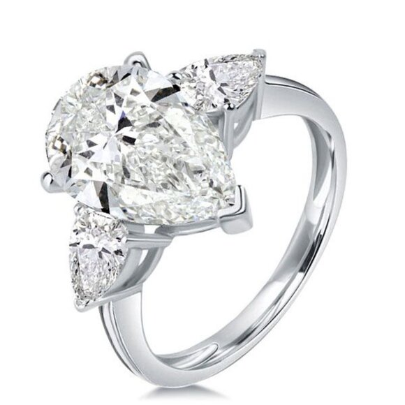 Italo Three Stone Pear Created White Sapphire Engagement Ring, size 6 1/4 - Picture 1 of 4